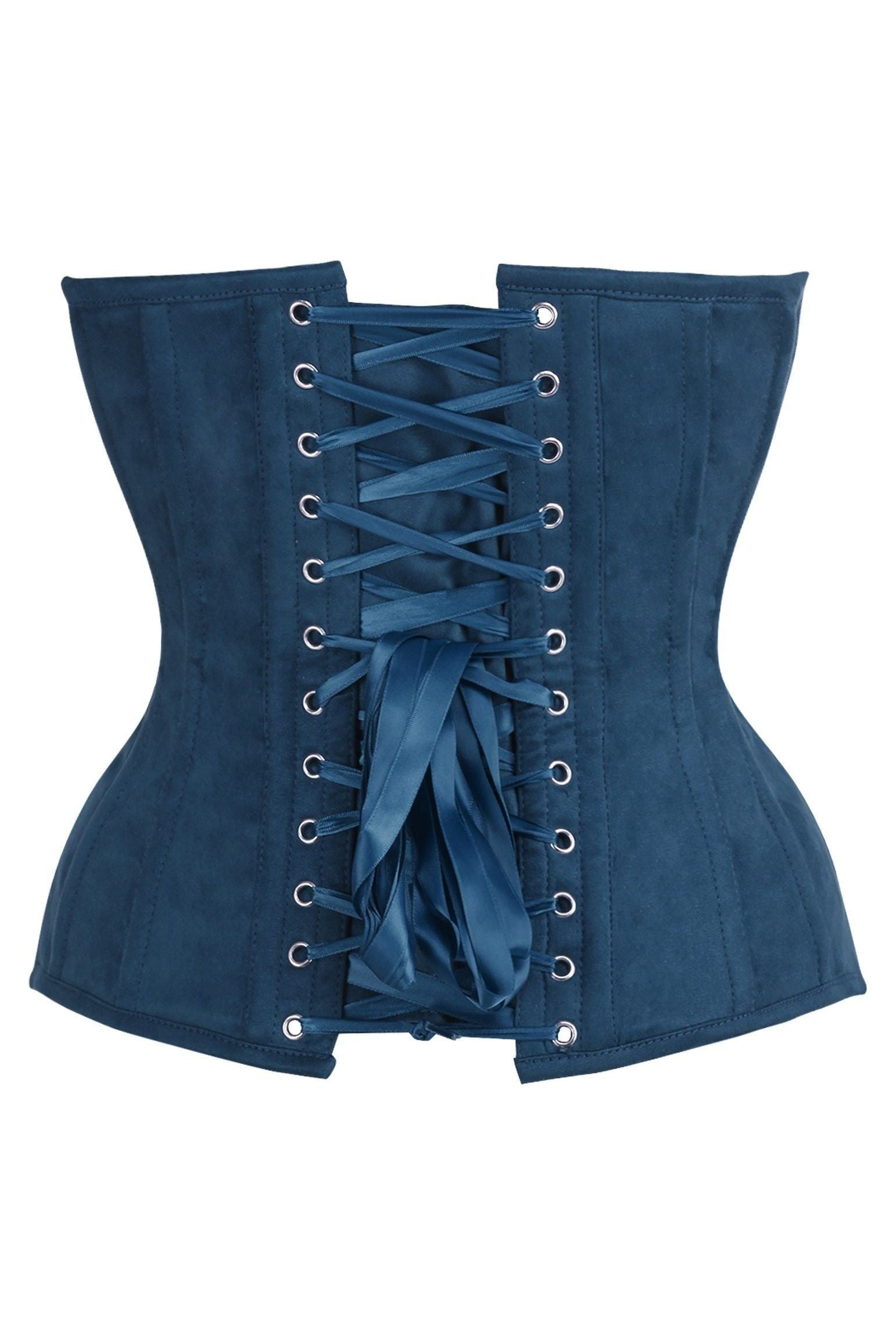 Top Drawer Steel Boned Blue Suede Deep Plunge Overbust Corset Top - Daisy Corsets
