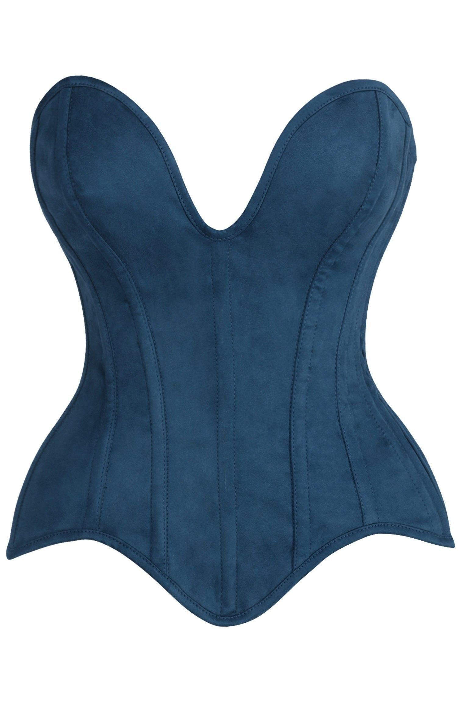 Top Drawer Steel Boned Blue Suede Deep Plunge Overbust Corset Top - Daisy Corsets
