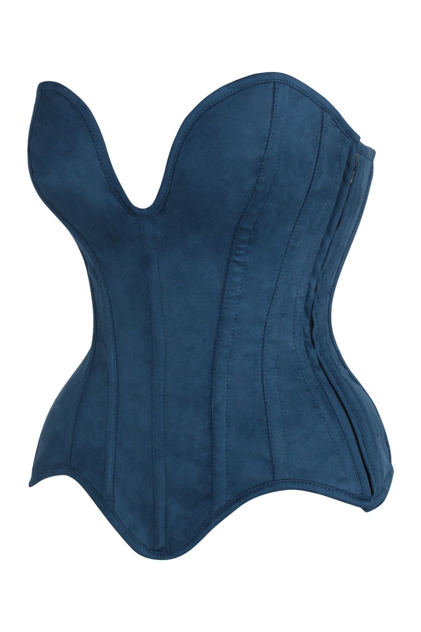 Top Drawer Steel Boned Blue Suede Deep Plunge Overbust Corset Top - Daisy Corsets