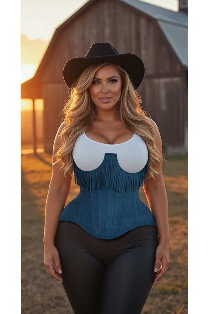 Top Drawer Steel Boned Blue Suede Underwire Underbust Corset Cincher w/Fringe - Daisy Corsets