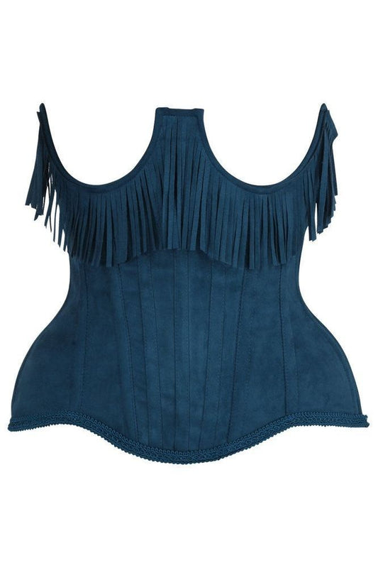 Top Drawer Steel Boned Blue Suede Underwire Underbust Corset Cincher w/Fringe - Daisy Corsets