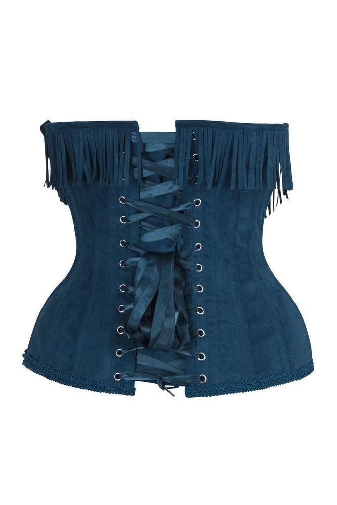 Top Drawer Steel Boned Blue Suede Underwire Underbust Corset Cincher w/Fringe - Daisy Corsets