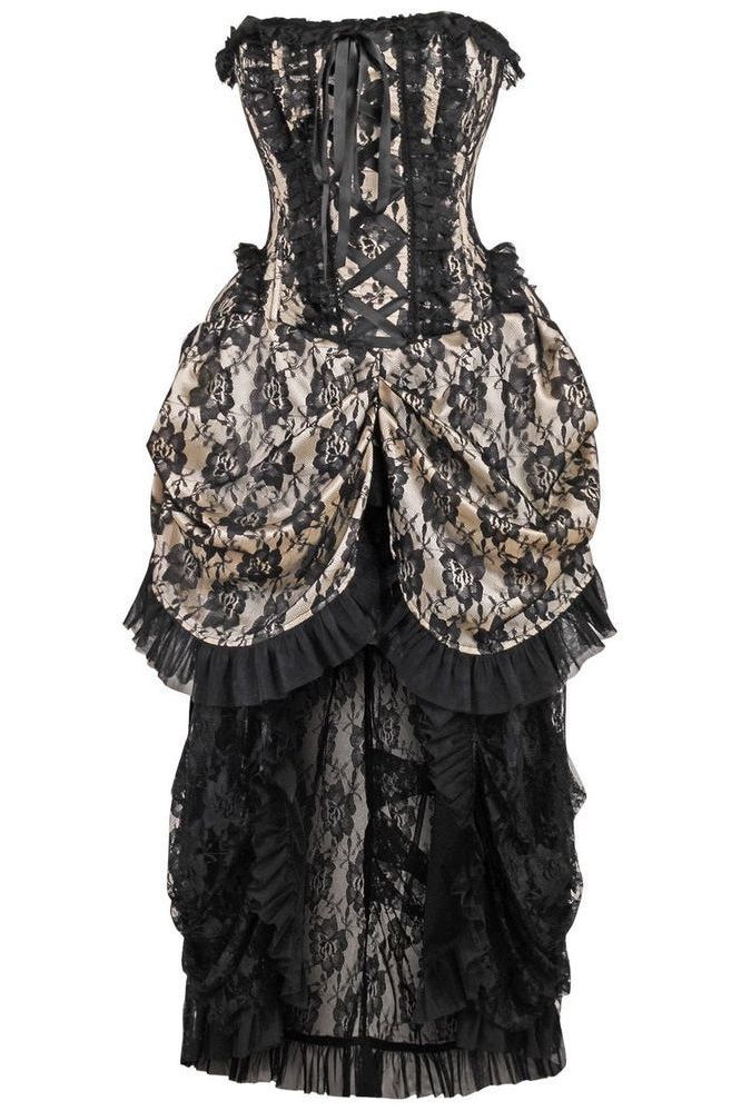 Top Drawer Steel Boned Cream w/Black Lace Bustle Corset Dress - Daisy Corsets