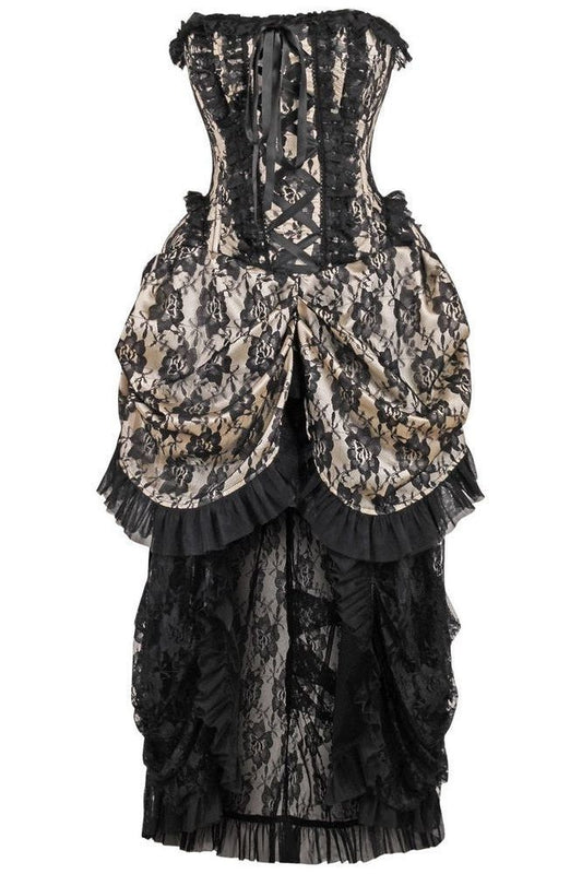 Top Drawer Steel Boned Cream w/Black Lace Bustle Corset Dress - Daisy Corsets