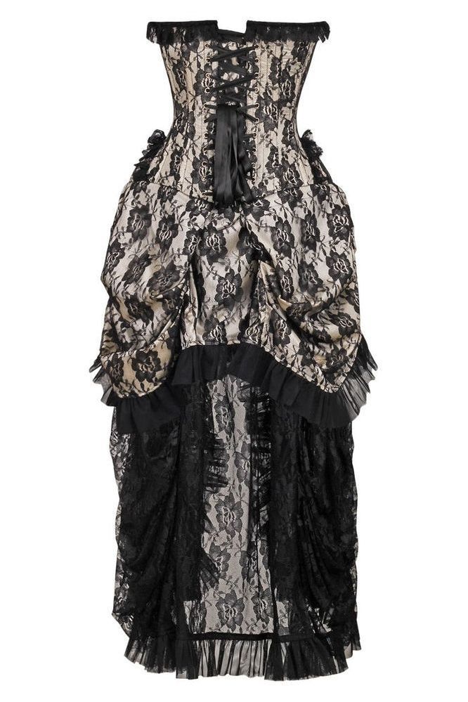 Top Drawer Steel Boned Cream w/Black Lace Bustle Corset Dress - Daisy Corsets