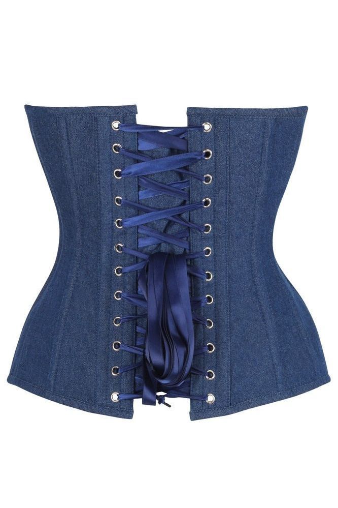 Top Drawer Steel Boned Dark Blue Denim Plunge Neckline Overbust Corset - Daisy Corsets