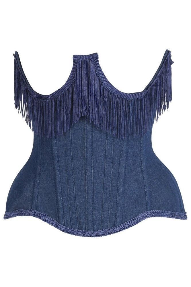 Top Drawer Steel Boned Dark Blue Denim Underwire Underbust Corset Cincher w/Fringe - Daisy Corsets