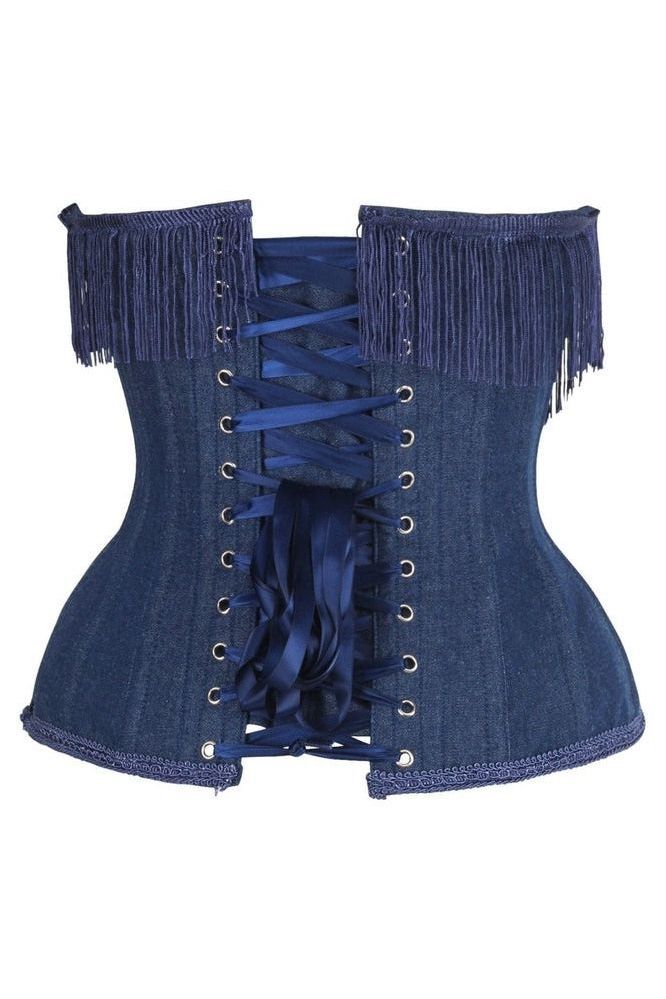 Top Drawer Steel Boned Dark Blue Denim Underwire Underbust Corset Cincher w/Fringe - Daisy Corsets