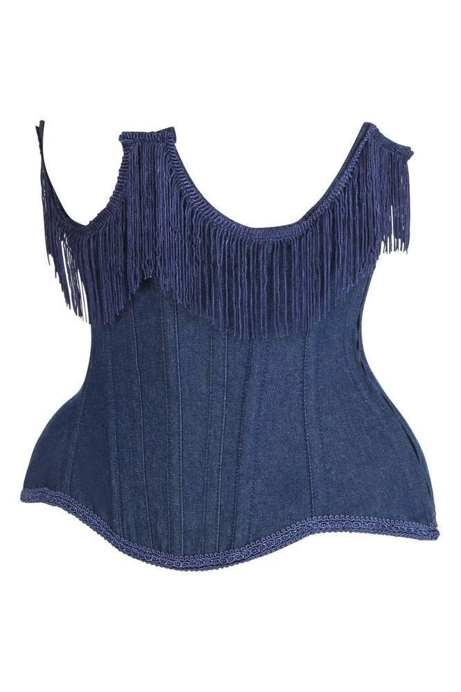 Top Drawer Steel Boned Dark Blue Denim Underwire Underbust Corset Cincher w/Fringe - Daisy Corsets