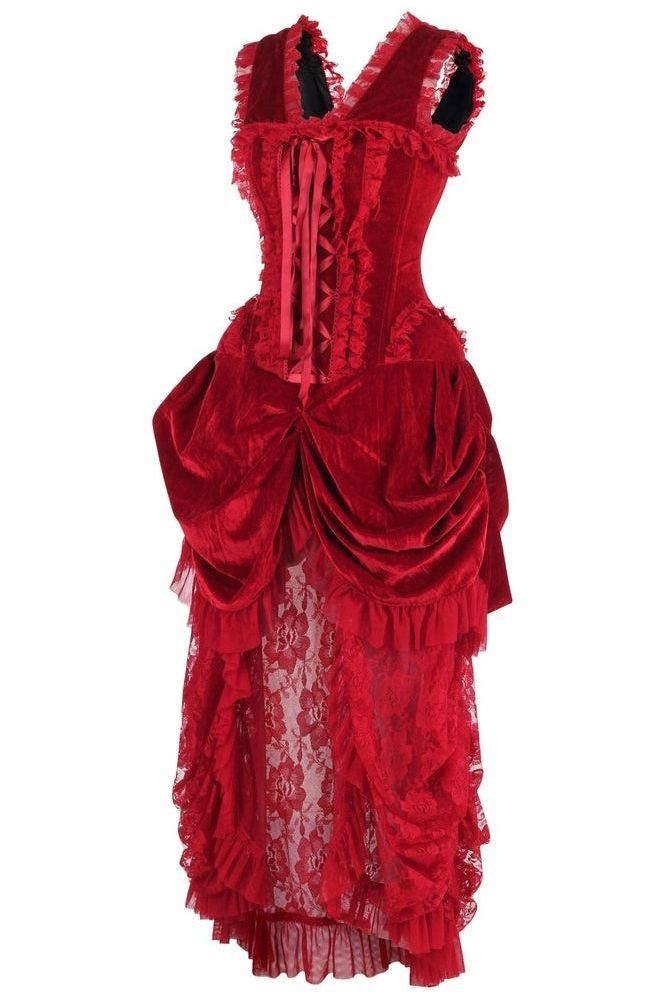 Top Drawer Steel Boned Dark Red Velvet Victorian Bustle Corset Dress - Daisy Corsets