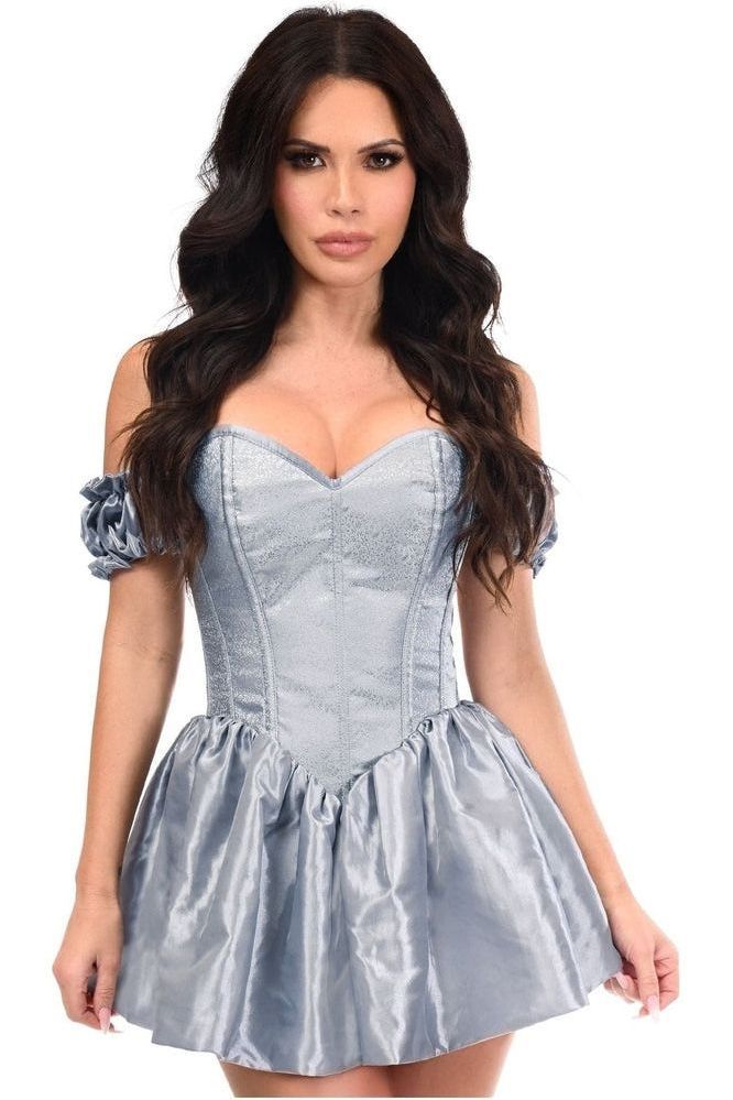 Top Drawer Steel Boned Dusty Blue Brocade & Taffeta Corset Dress - Daisy Corsets