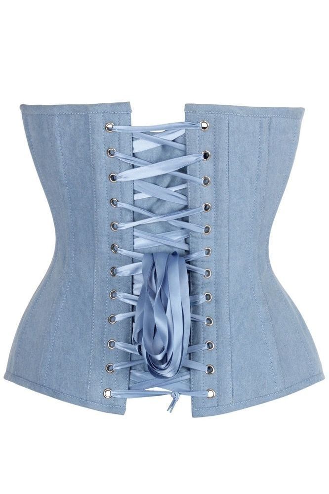 Top Drawer Steel Boned Light Blue Denim Plunge Neckline Overbust Corset - Daisy Corsets