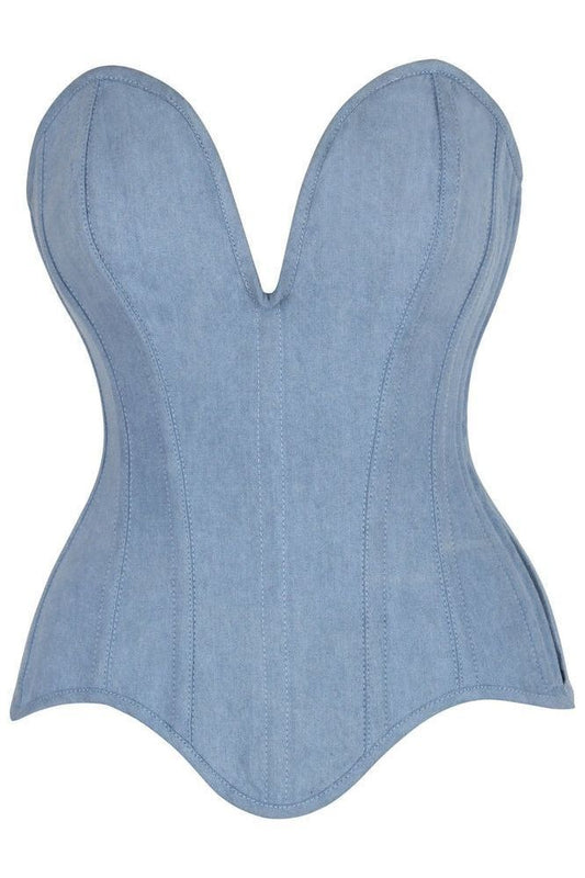 Top Drawer Steel Boned Light Blue Denim Plunge Neckline Overbust Corset - Daisy Corsets
