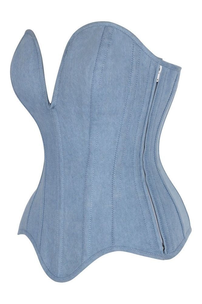 Top Drawer Steel Boned Light Blue Denim Plunge Neckline Overbust Corset - Daisy Corsets