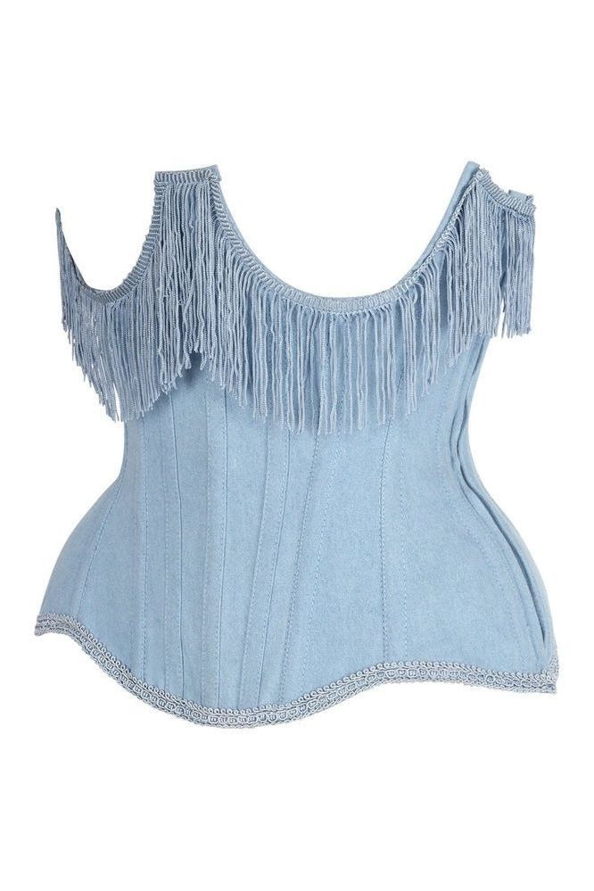 Top Drawer Steel Boned Light Blue Denim Underwire Underbust Corset Cincher w/Fringe - Daisy Corsets