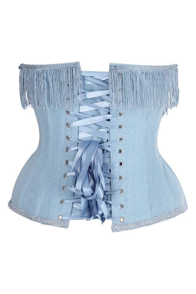 Top Drawer Steel Boned Light Blue Denim Underwire Underbust Corset Cincher w/Fringe - Daisy Corsets