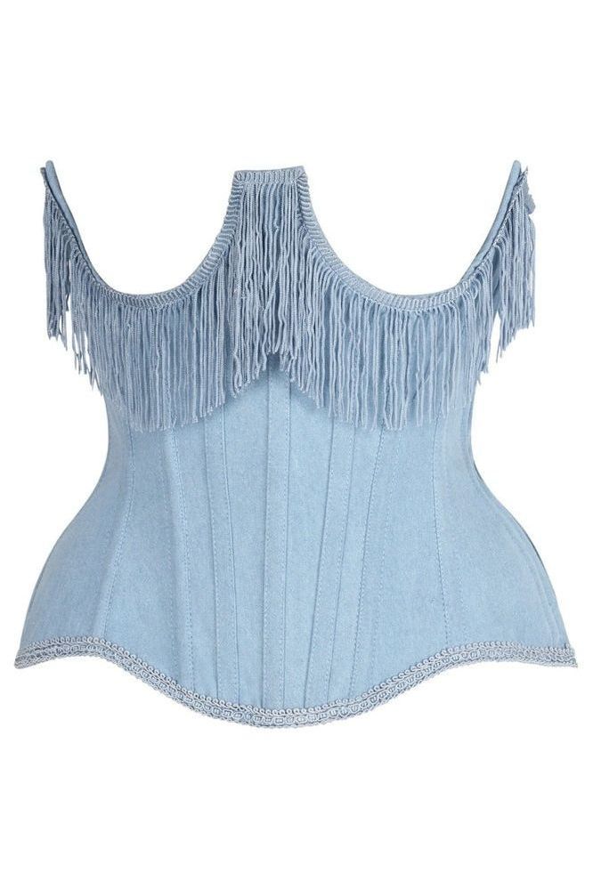 Top Drawer Steel Boned Light Blue Denim Underwire Underbust Corset Cincher w/Fringe - Daisy Corsets