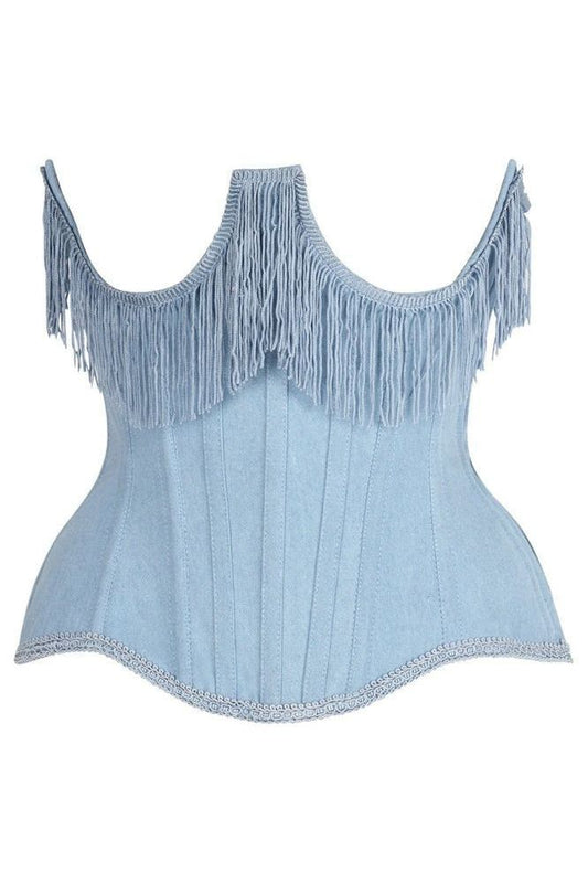 Top Drawer Steel Boned Light Blue Denim Underwire Underbust Corset Cincher w/Fringe - Daisy Corsets