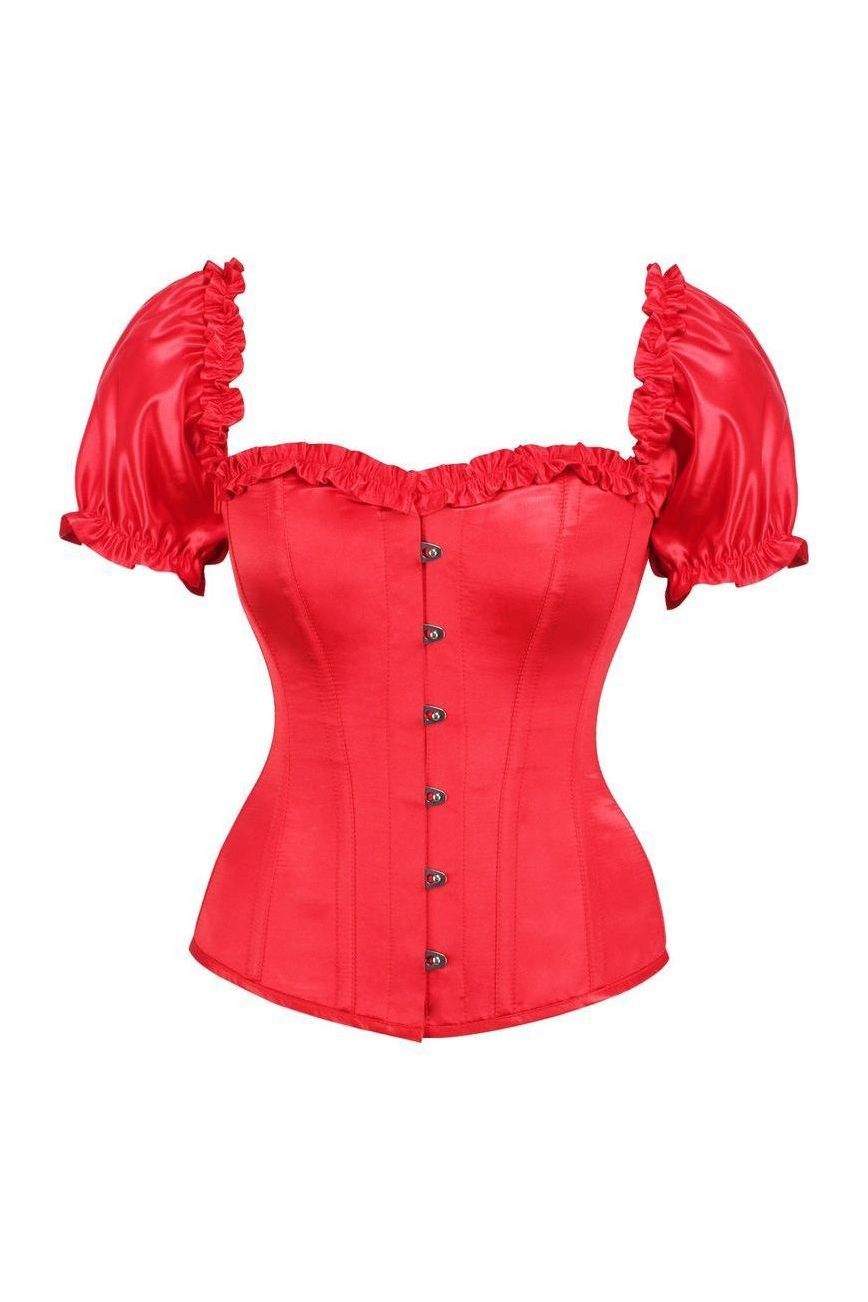 Top Drawer Steel Boned Red Satin Overbust Corset w/Sleeves - Daisy Corsets