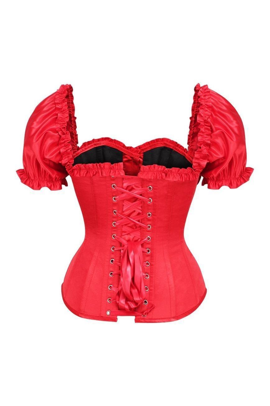 Top Drawer Steel Boned Red Satin Overbust Corset w/Sleeves - Daisy Corsets