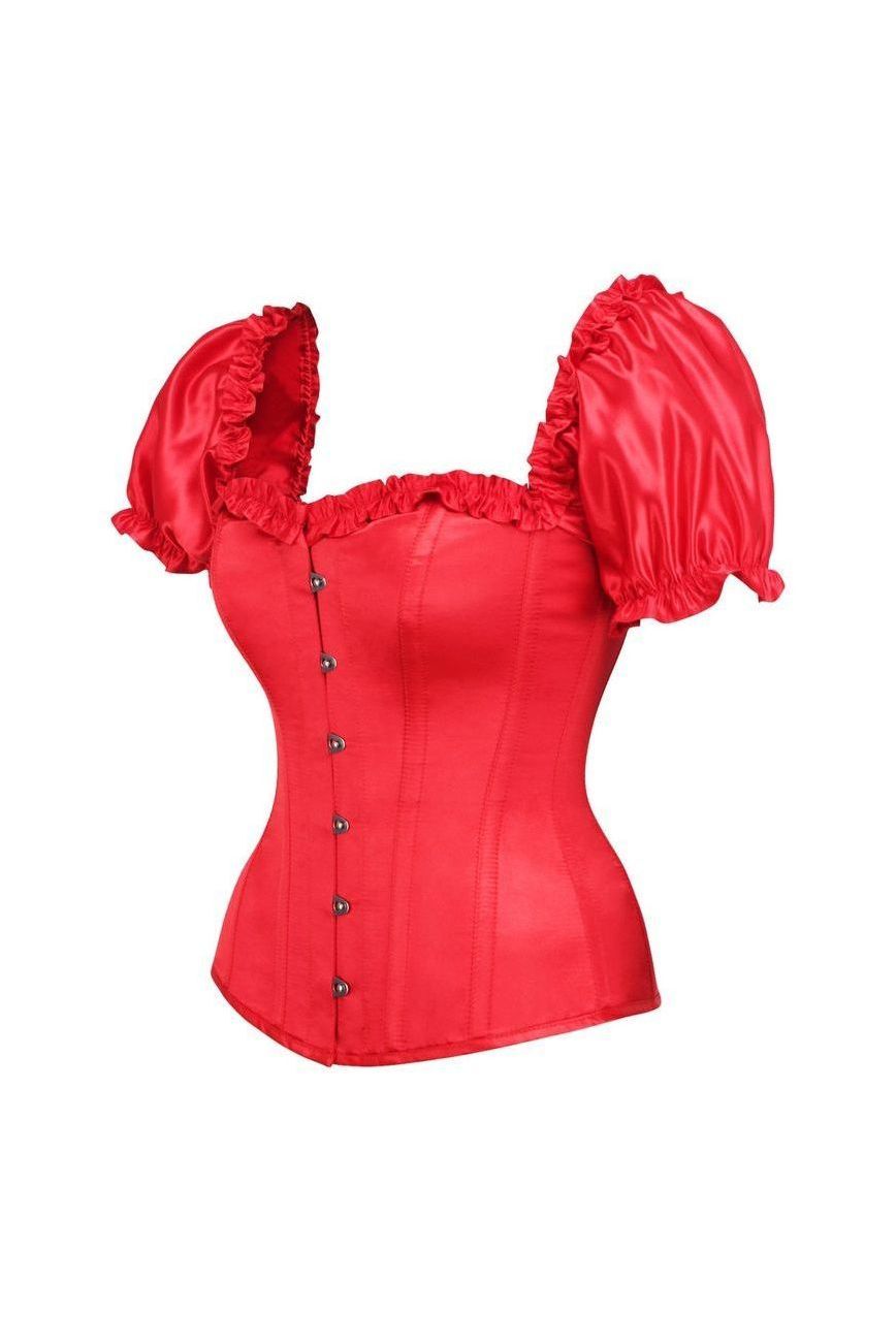Top Drawer Steel Boned Red Satin Overbust Corset w/Sleeves - Daisy Corsets