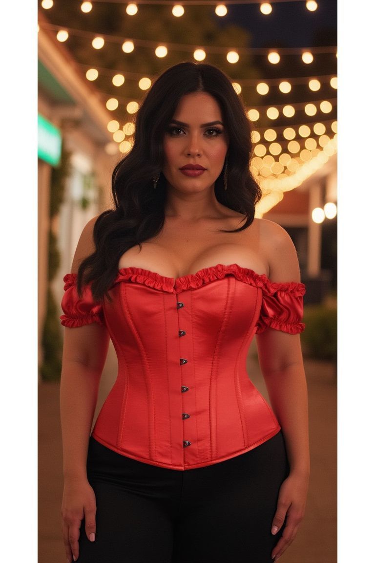 Top Drawer Steel Boned Red Satin Overbust Corset w/Sleeves - Daisy Corsets