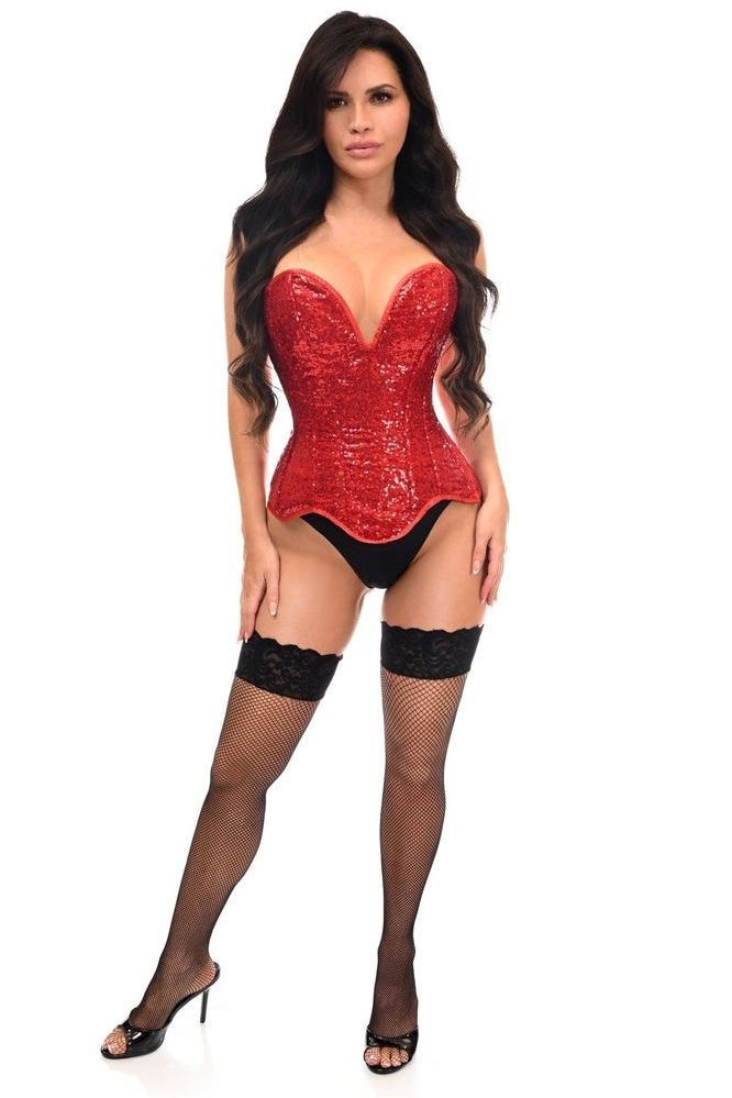 Top Drawer Steel Boned Red Sequin Plunge Neckline Overbust Corset - Daisy Corsets