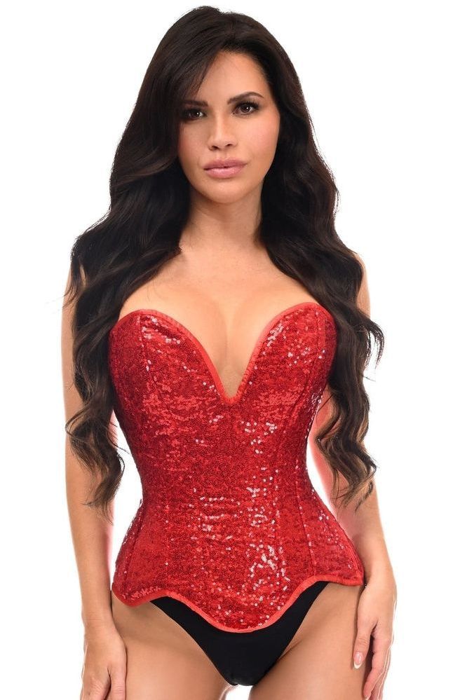 Top Drawer Steel Boned Red Sequin Plunge Neckline Overbust Corset - Daisy Corsets