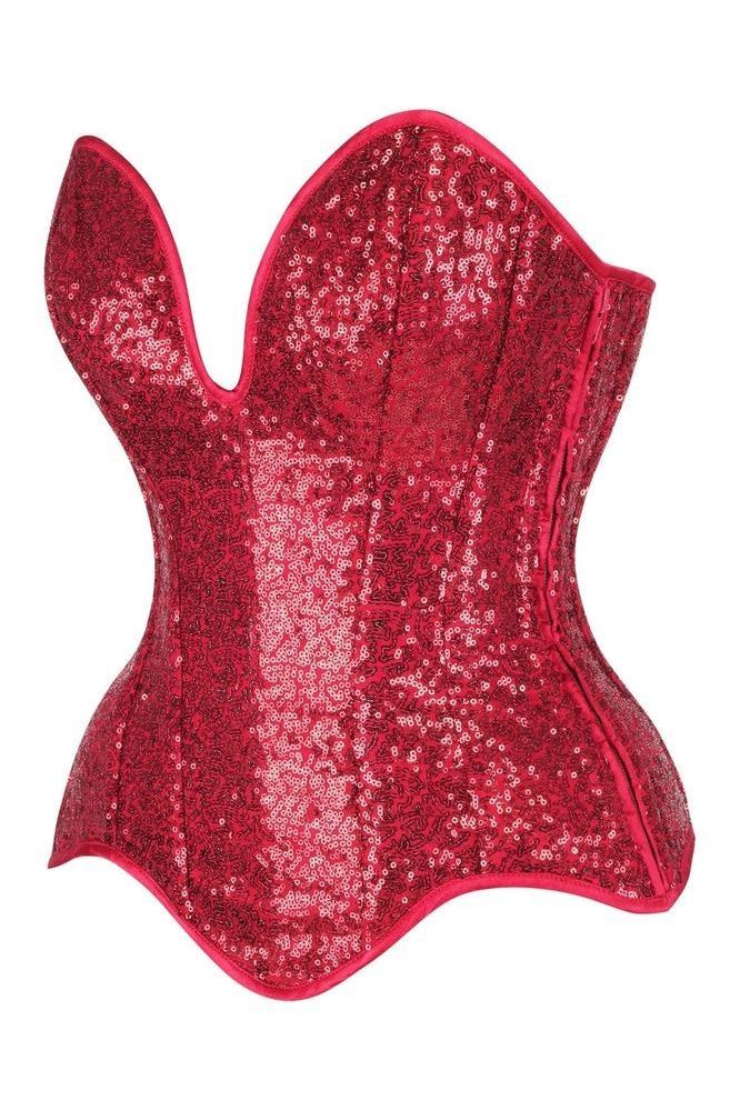 Top Drawer Steel Boned Red Sequin Plunge Neckline Overbust Corset - Daisy Corsets