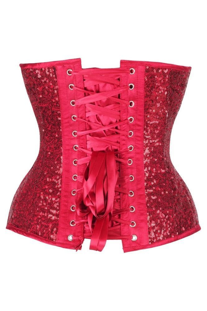 Top Drawer Steel Boned Red Sequin Plunge Neckline Overbust Corset - Daisy Corsets