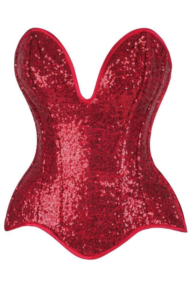 Top Drawer Steel Boned Red Sequin Plunge Neckline Overbust Corset - Daisy Corsets