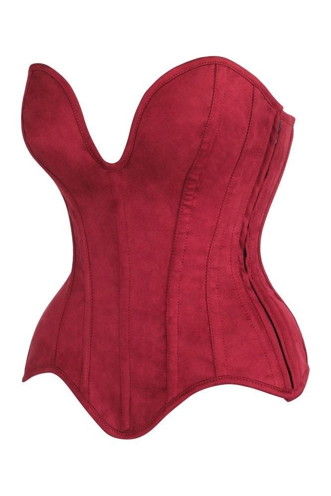 Top Drawer Steel Boned Red Suede Deep Plunge Overbust Corset Top - Daisy Corsets