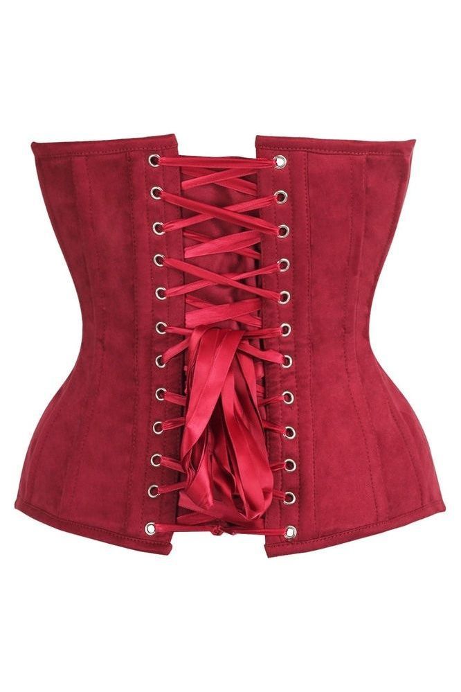Top Drawer Steel Boned Red Suede Deep Plunge Overbust Corset Top - Daisy Corsets