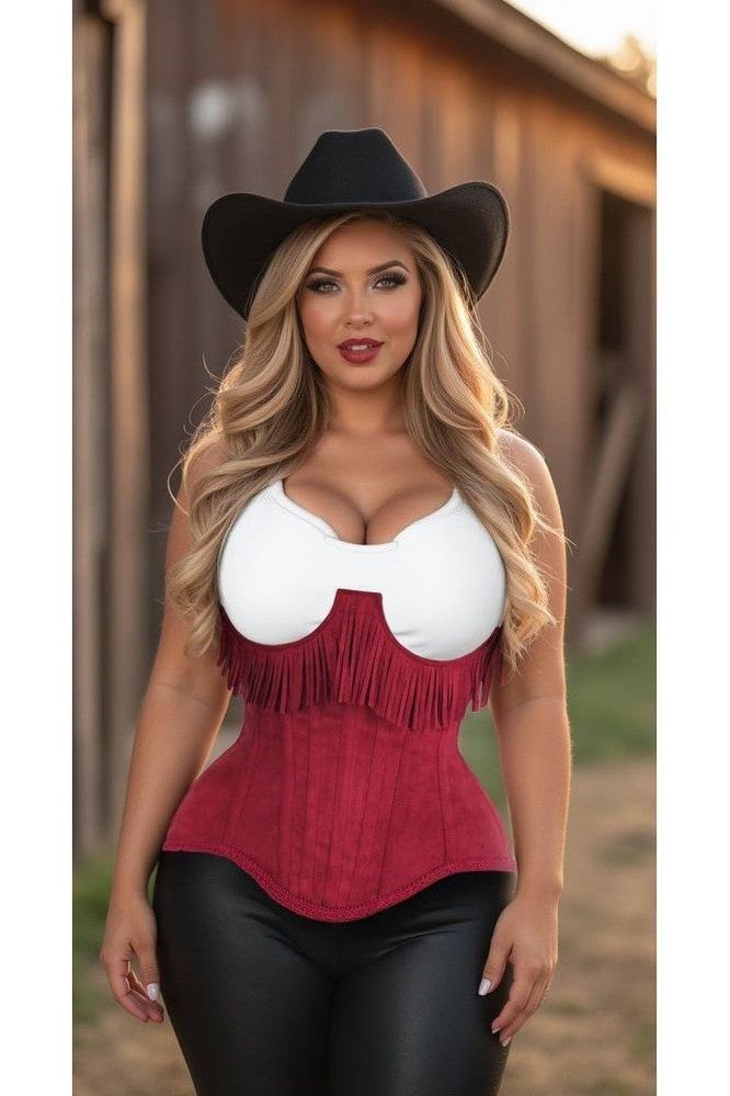 Top Drawer Steel Boned Red Suede Underwire Underbust Corset Cincher w/Fringe - Daisy Corsets