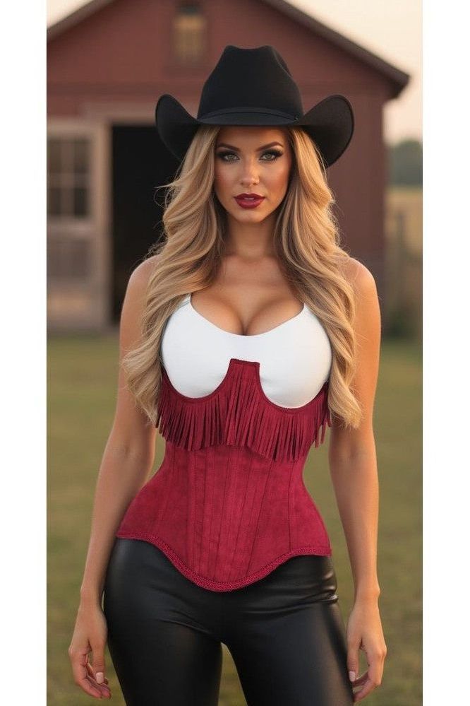 Top Drawer Steel Boned Red Suede Underwire Underbust Corset Cincher w/Fringe - Daisy Corsets