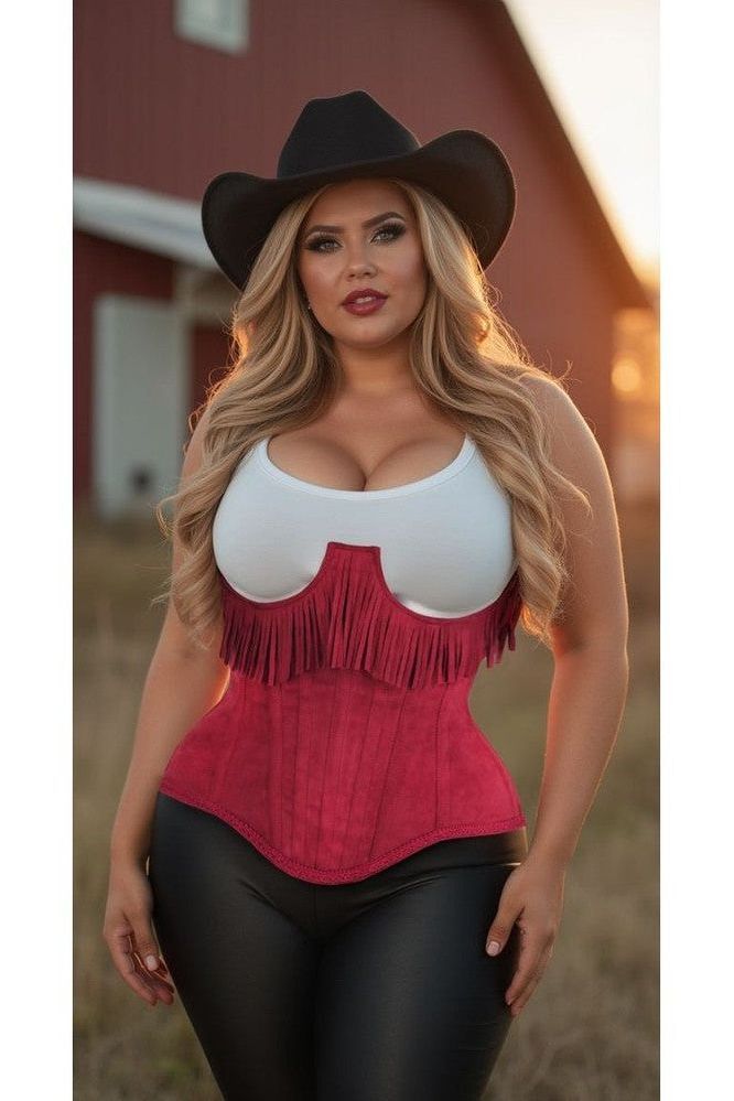 Top Drawer Steel Boned Red Suede Underwire Underbust Corset Cincher w/Fringe - Daisy Corsets