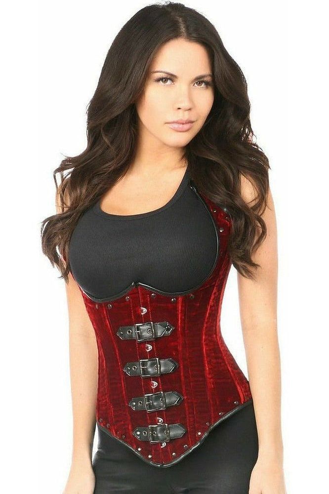 Top Drawer Steel Boned Red Velvet Underbust Corset w/Buckling - Daisy Corsets