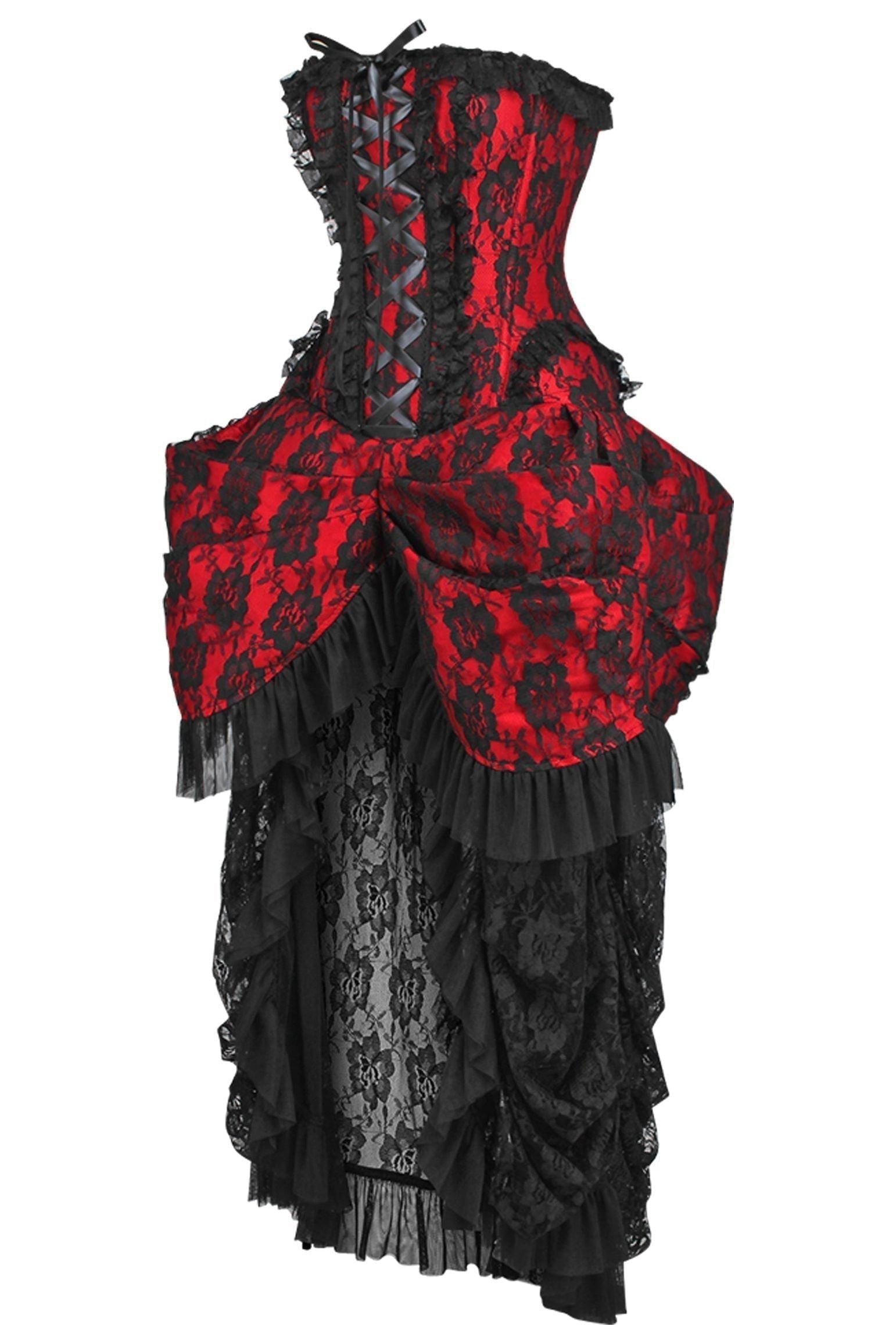 Top Drawer Steel Boned Red w/Black Lace Bustle Corset Dress - Daisy Corsets