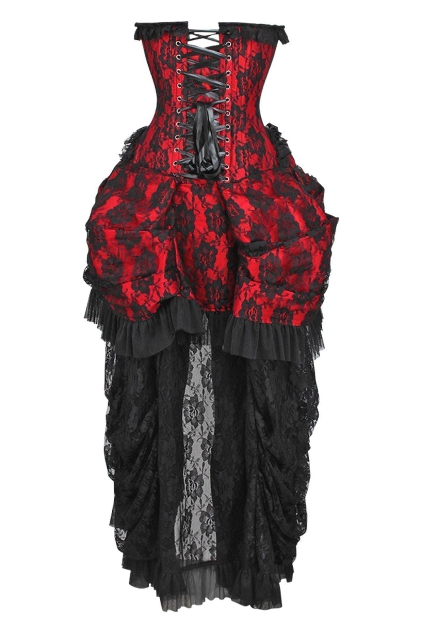 Top Drawer Steel Boned Red w/Black Lace Bustle Corset Dress - Daisy Corsets