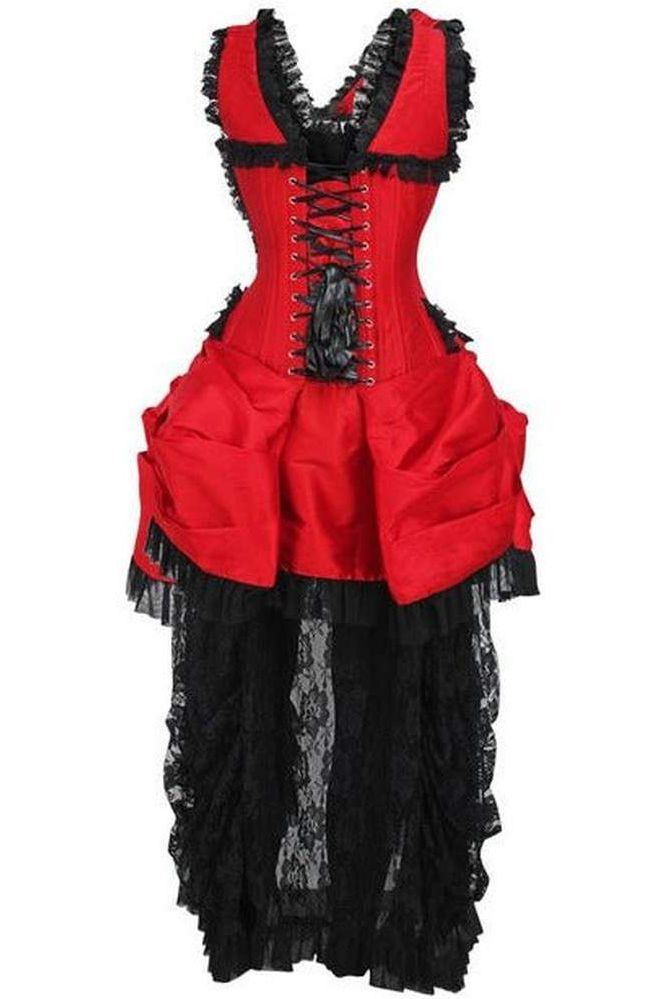 Top Drawer Steel Boned Red/Black Lace Victorian Bustle Corset Dress - Daisy Corsets