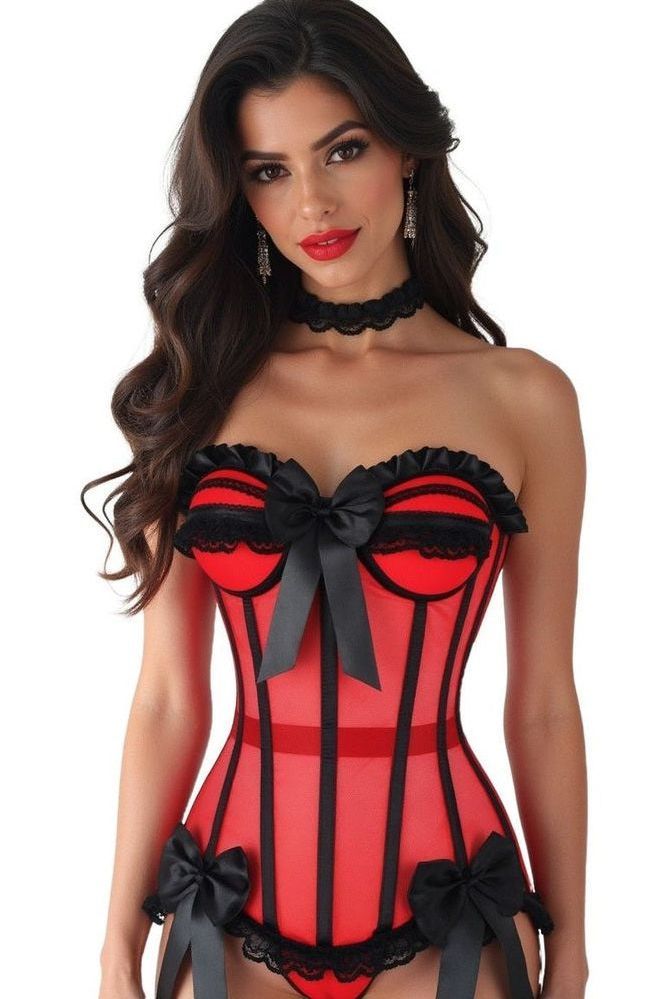 Top Drawer Steel Boned Red/Black Mesh Underwire Bustier Corset - Daisy Corsets