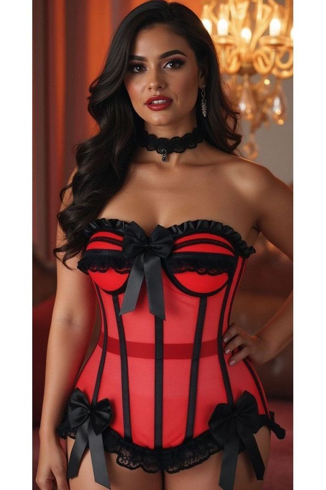 Top Drawer Steel Boned Red/Black Mesh Underwire Bustier Corset - Daisy Corsets