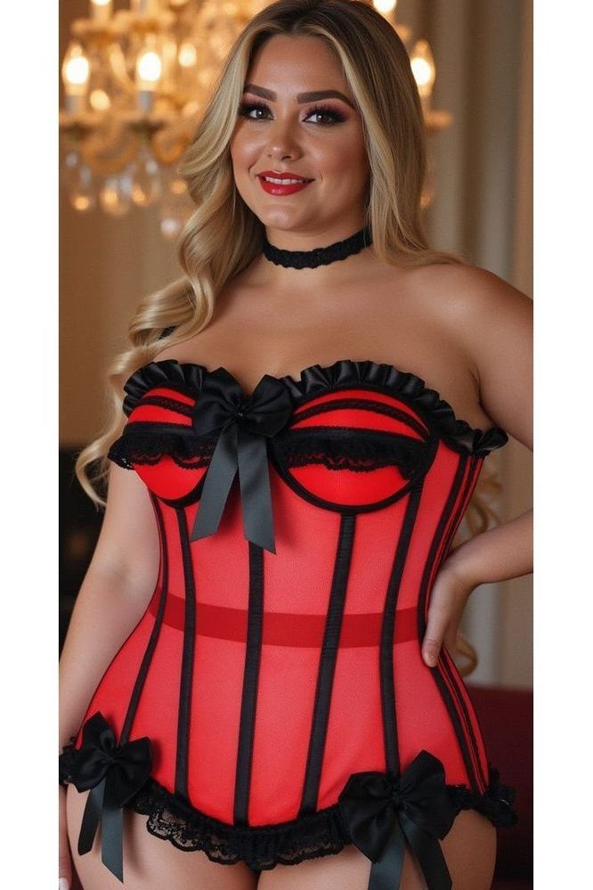Top Drawer Steel Boned Red/Black Mesh Underwire Bustier Corset - Daisy Corsets