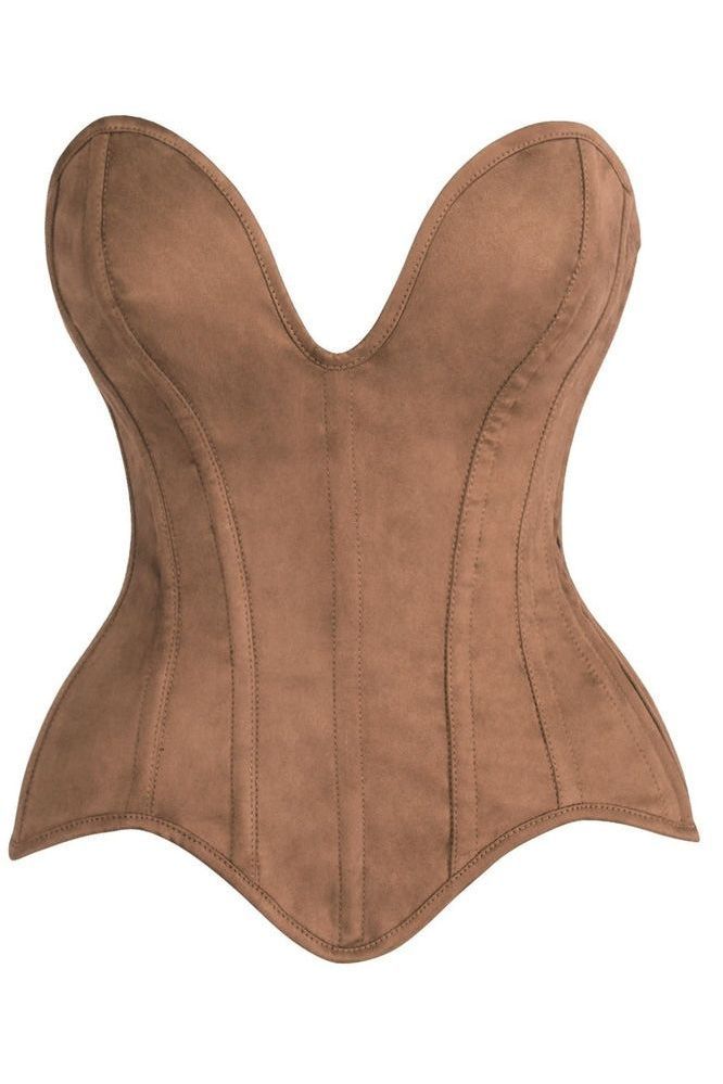 Top Drawer Steel Boned Tan Suede Deep Plunge Overbust Corset Top - Daisy Corsets