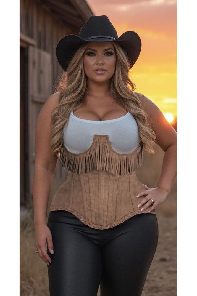 Top Drawer Steel Boned Tan Suede Underwire Underbust Corset Cincher w/Fringe - Daisy Corsets