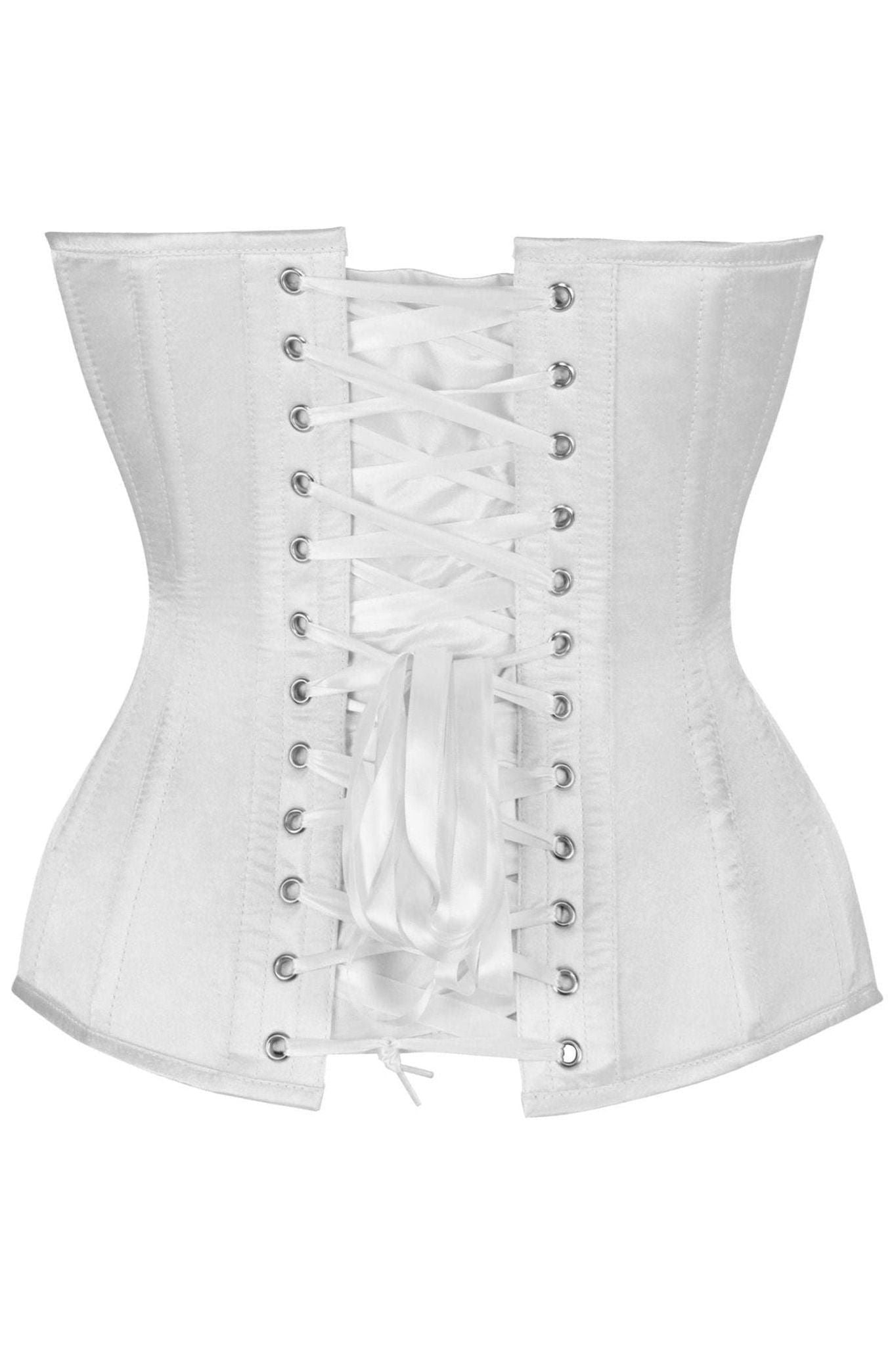 Top Drawer Steel Boned White Satin Plunge Neckline Overbust Corset - Daisy Corsets