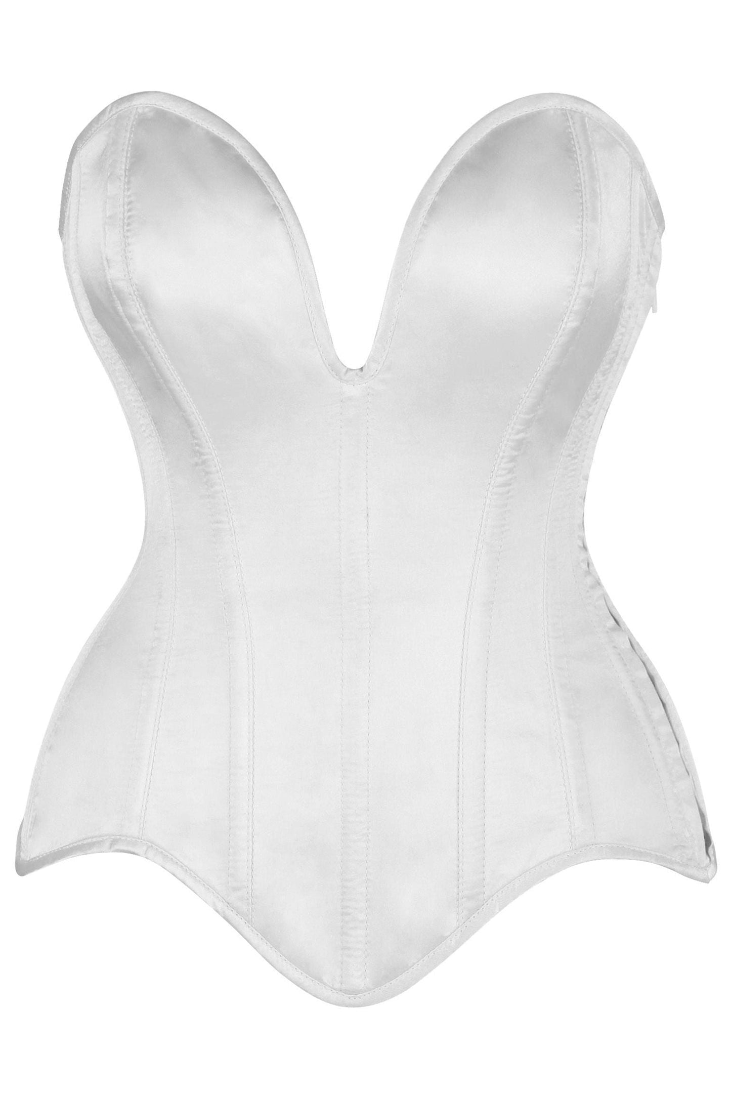 Top Drawer Steel Boned White Satin Plunge Neckline Overbust Corset - Daisy Corsets