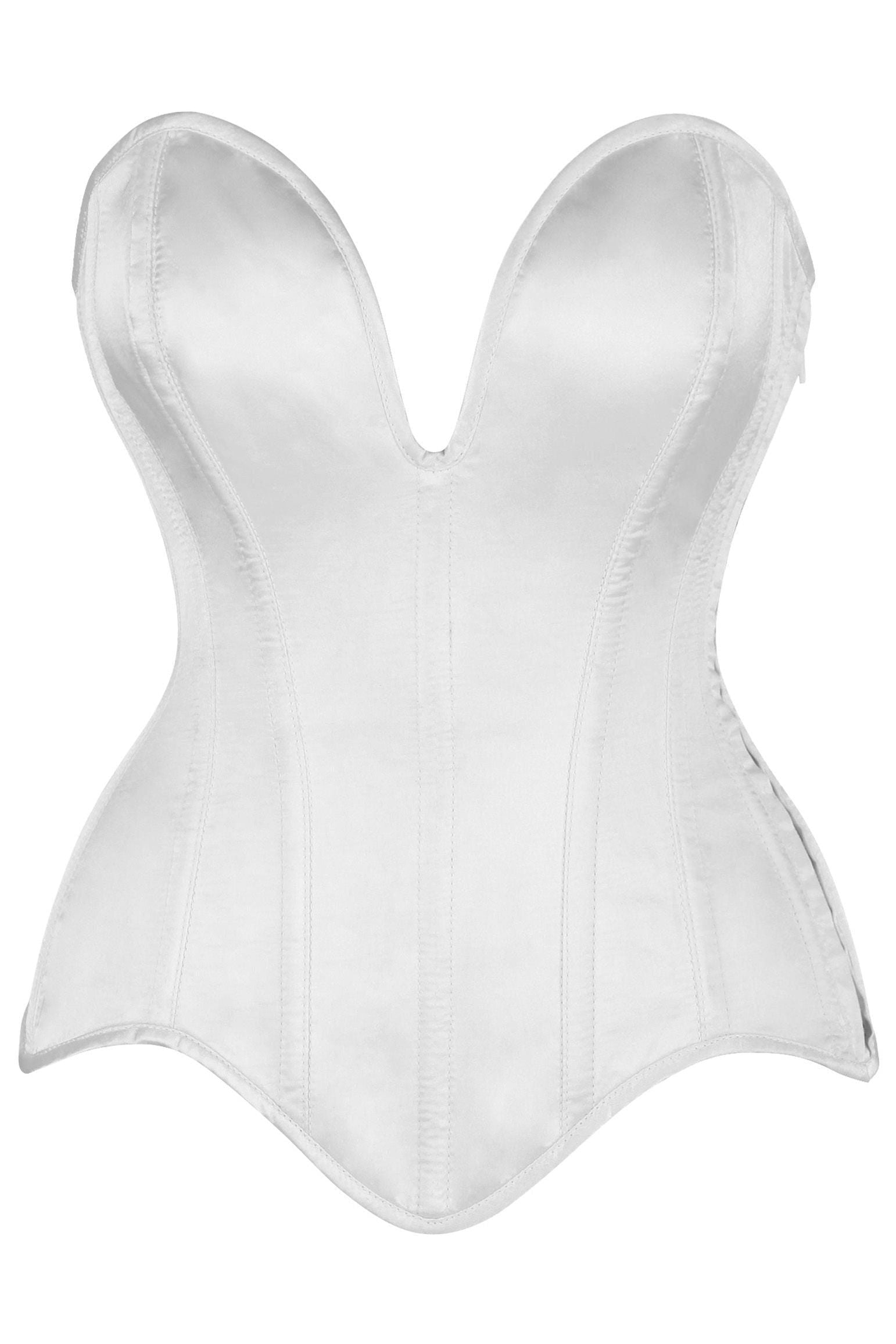 Top Drawer Steel Boned White Satin Plunge Neckline Overbust Corset - Daisy Corsets