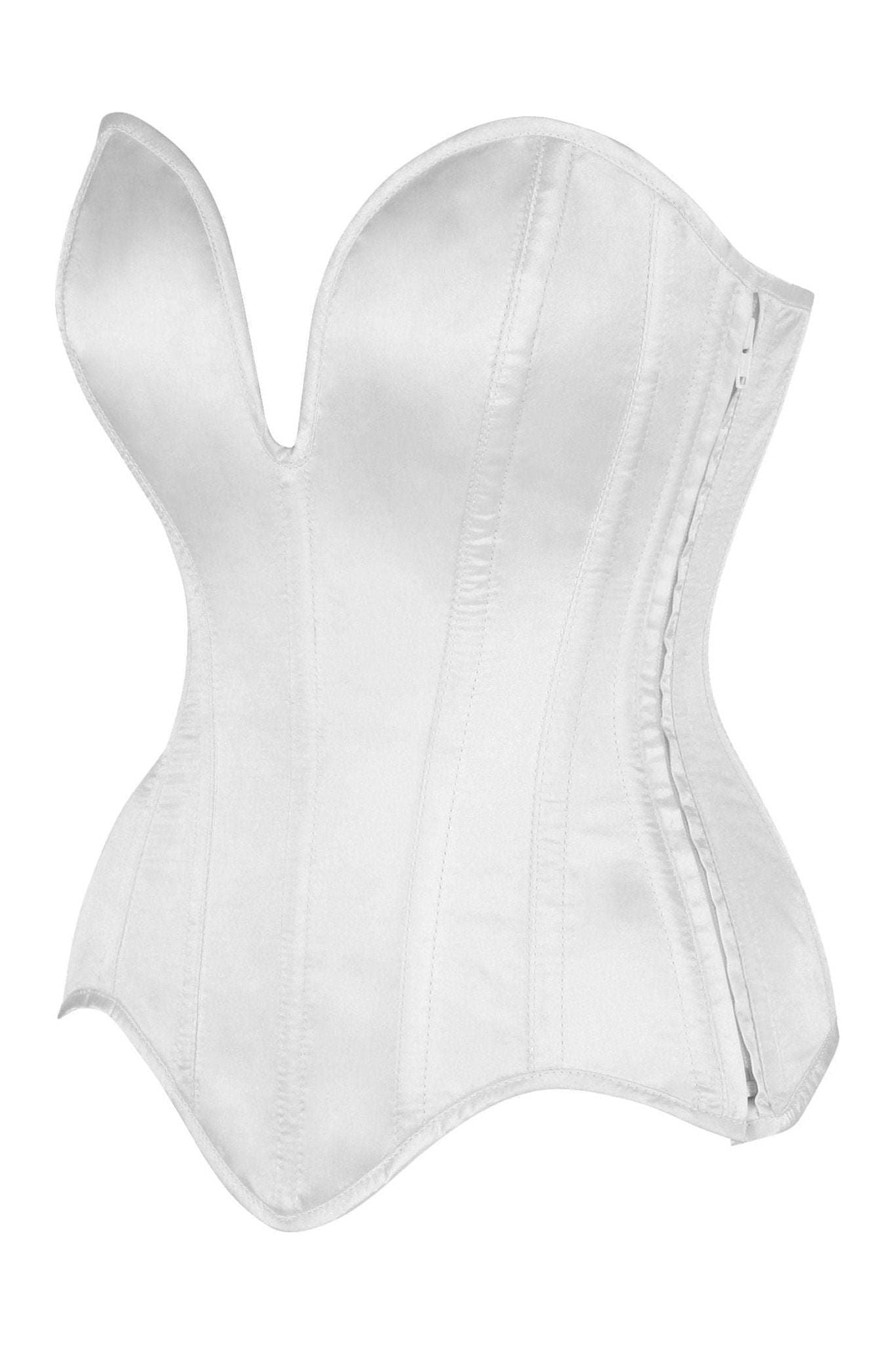 Top Drawer Steel Boned White Satin Plunge Neckline Overbust Corset - Daisy Corsets