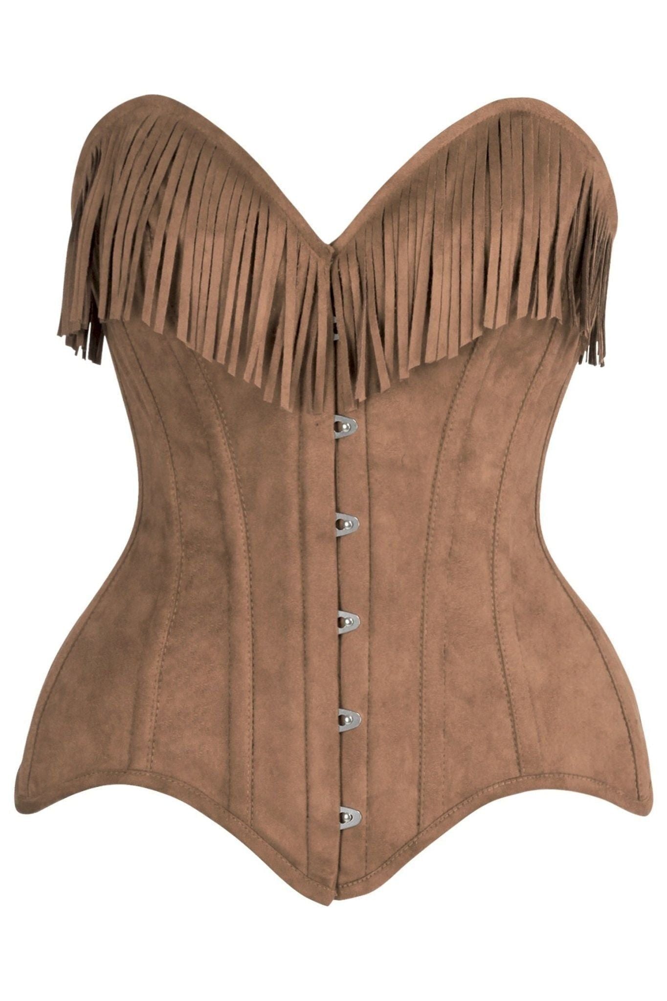 Top Drawer Tan Suede Steel Boned Overbust Corset w/Fringe - Daisy Corsets